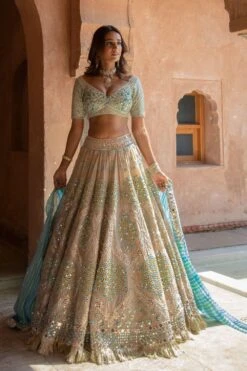 Abhinav Mishra Blue Mirror Embellished Lehenga Set