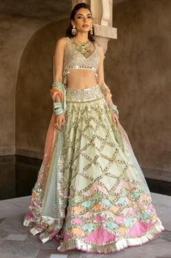 Abhinav Mishra Green Hand Embellished Patchwork Lehenga Set
