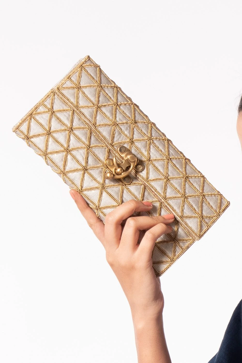 KOKOMMO Silver Brocade Triangle Clutch 4 KOKOMMO Silver Brocade Triangle Clutch - Image 2