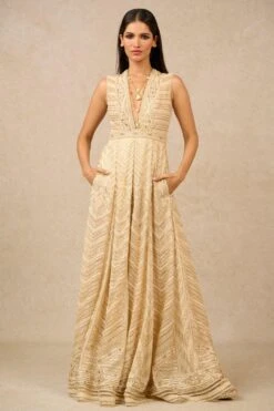 Tarun Tahiliani Ivory Crystal Embellished V-neck Jumpsuit