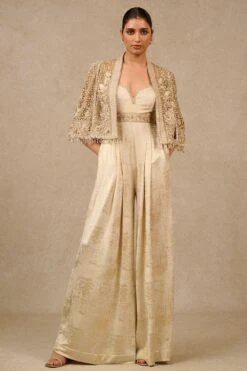 Tarun Tahiliani Gold Gara Embroidered Cape & Jumpsuit Set