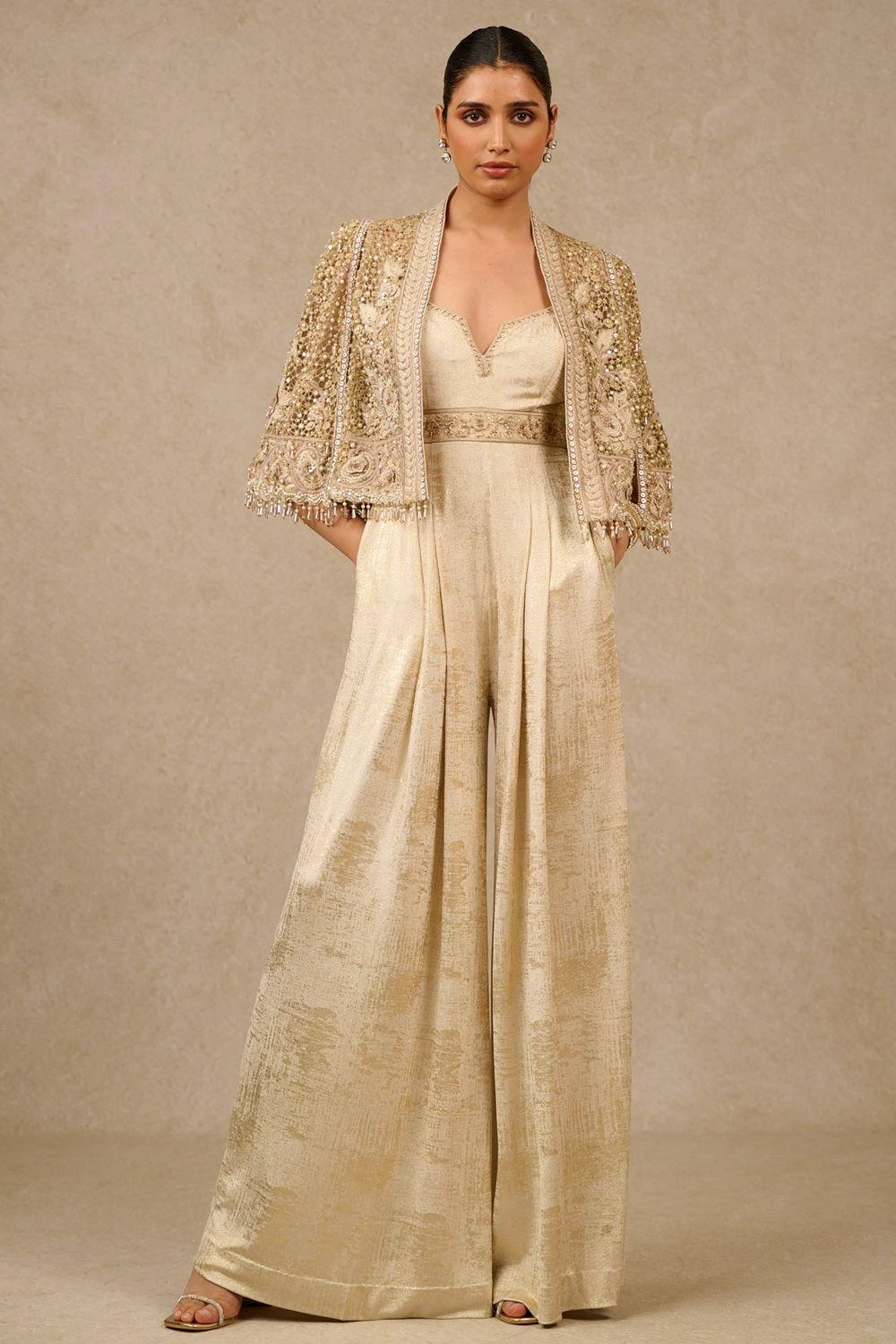 Tarun Tahiliani Gold Gara Embroidered Cape & Jumpsuit Set 3 Tarun Tahiliani Gold Gara Embroidered Cape & Jumpsuit Set