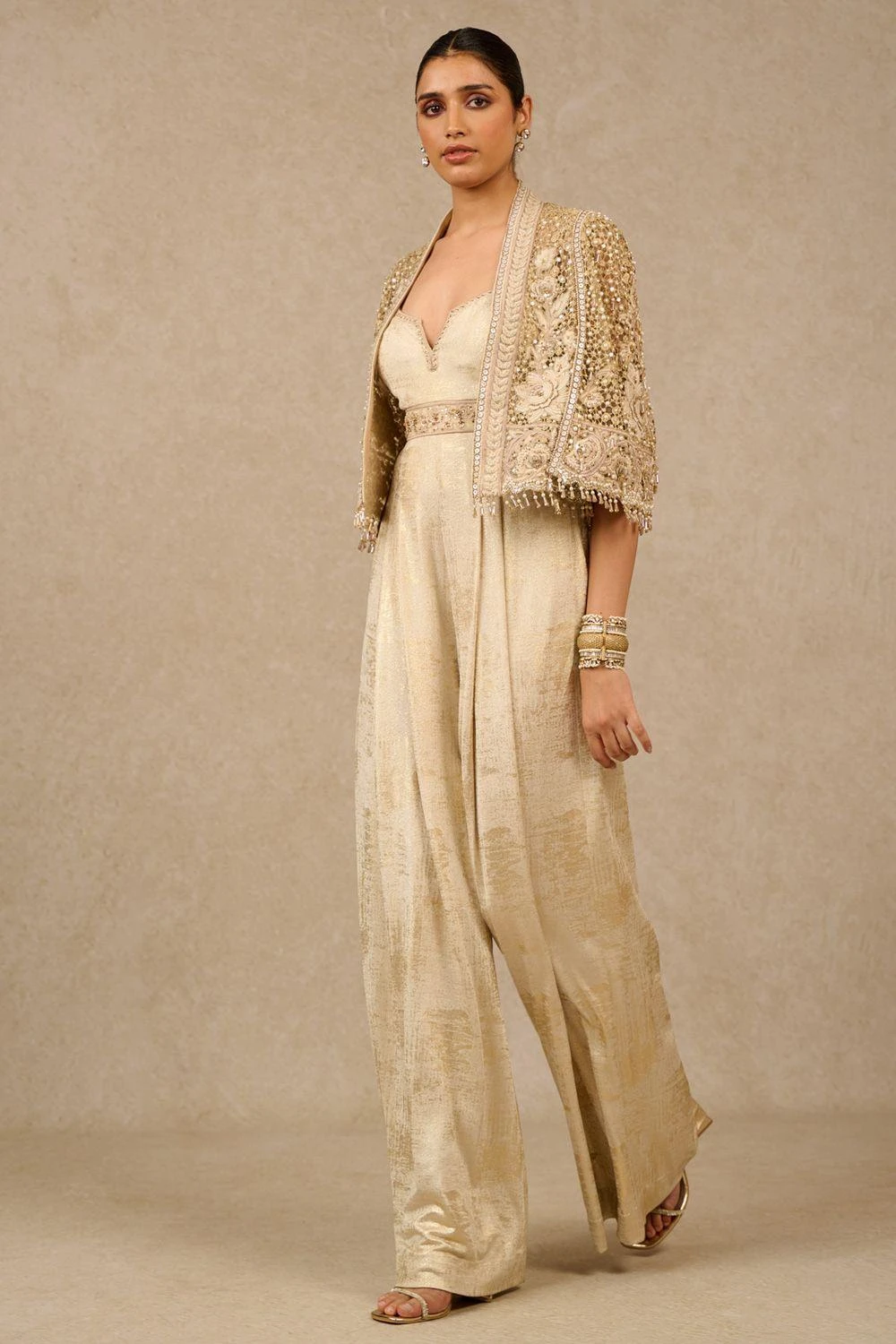 Tarun Tahiliani Gold Gara Embroidered Cape & Jumpsuit Set 4 Tarun Tahiliani Gold Gara Embroidered Cape & Jumpsuit Set - Image 2