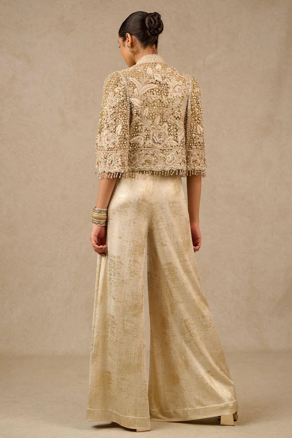 Tarun Tahiliani Gold Gara Embroidered Cape & Jumpsuit Set 6 Tarun Tahiliani Gold Gara Embroidered Cape & Jumpsuit Set - Image 4