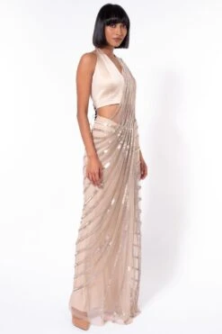 Rohit Gandhi + Rahul Khanna Beige Crystal Embellished Concept Sari -Inca Sales Store 1708rg05 2