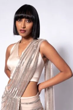 Rohit Gandhi + Rahul Khanna Beige Crystal Embellished Concept Sari -Inca Sales Store 1708rg05 4