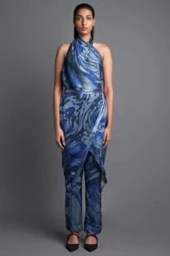 Amit Aggarwal Marbled Draped Aqua Jumpsuit