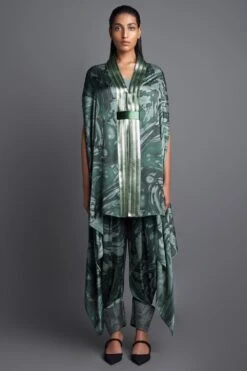 Amit Aggarwal Marbled Emerald Cape With Draped Pants
