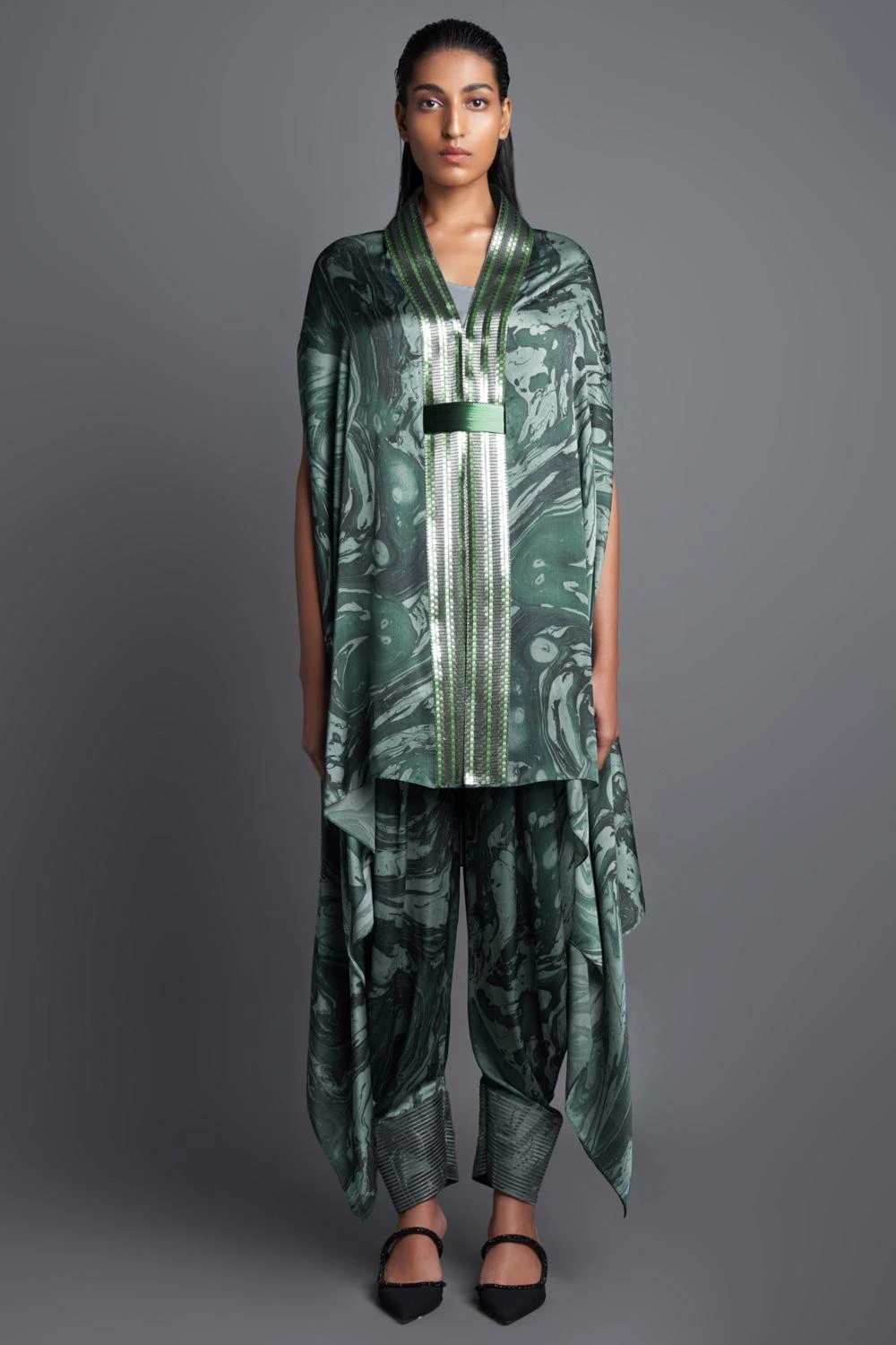 Amit Aggarwal Marbled Emerald Cape With Draped Pants 3 Amit Aggarwal Marbled Emerald Cape With Draped Pants