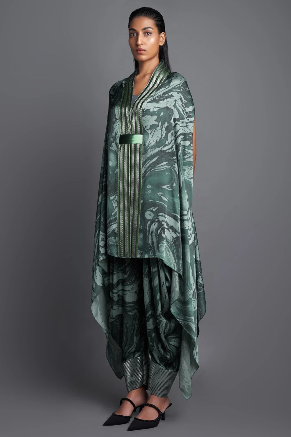 Amit Aggarwal Marbled Emerald Cape With Draped Pants 4 Amit Aggarwal Marbled Emerald Cape With Draped Pants - Image 2