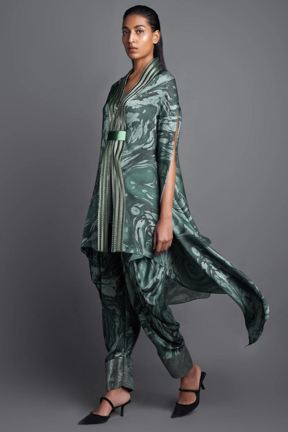 Amit Aggarwal Marbled Emerald Cape With Draped Pants 5 Amit Aggarwal Marbled Emerald Cape With Draped Pants - Image 3