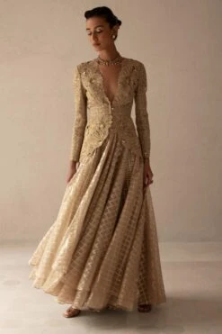 Varun Nidhika Beige & Gold Palm Embroidered Jacket Set