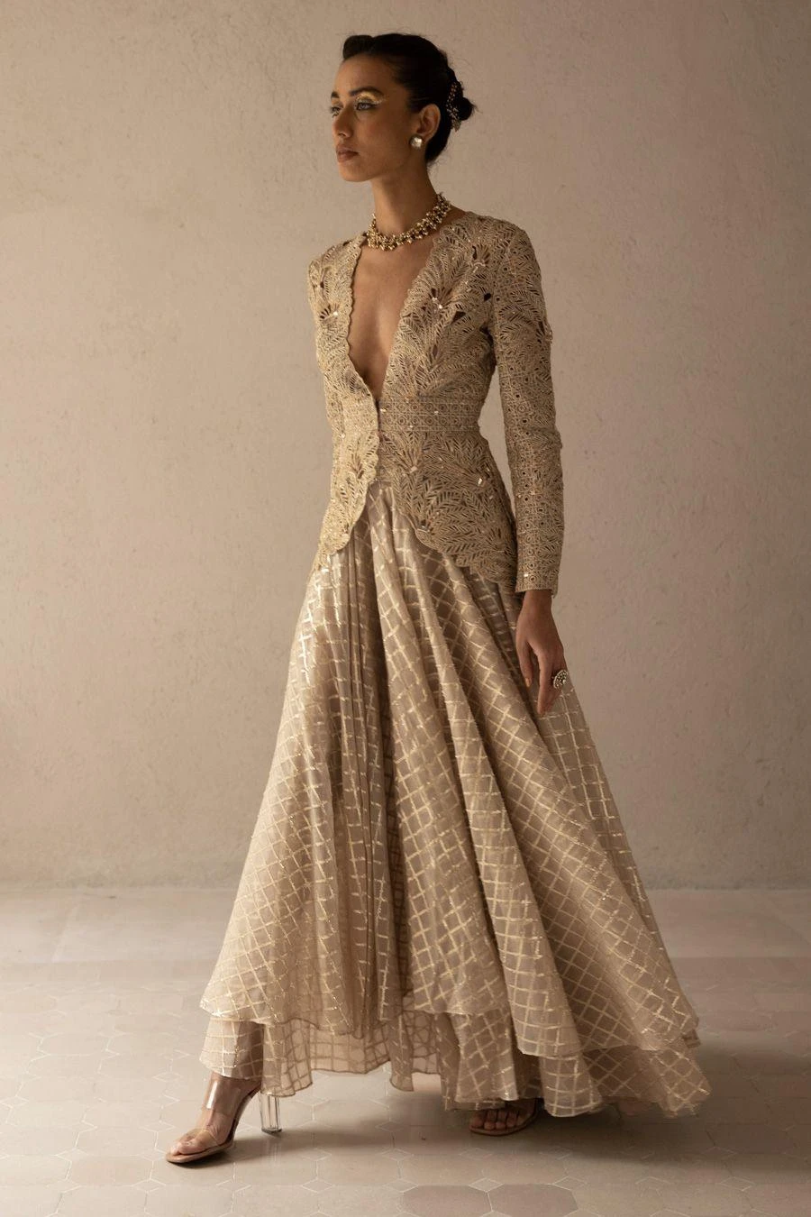 Varun Nidhika Beige & Gold Palm Embroidered Jacket Set 4 Varun Nidhika Beige & Gold Palm Embroidered Jacket Set - Image 2