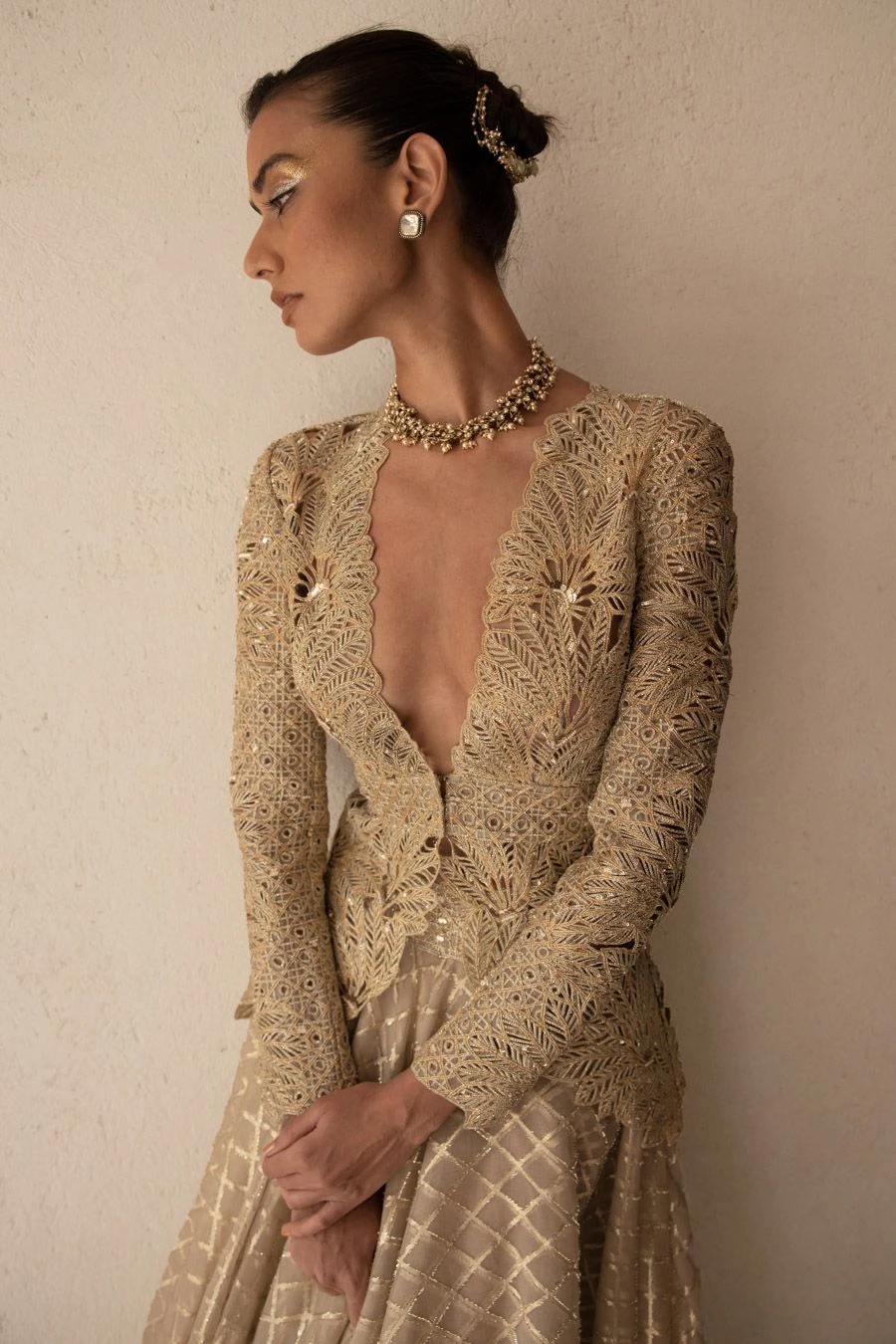 Varun Nidhika Beige & Gold Palm Embroidered Jacket Set 5 Varun Nidhika Beige & Gold Palm Embroidered Jacket Set - Image 3