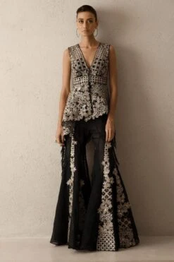 Varun Nidhika Black Floral Peplum & Godet Embroidered Pants