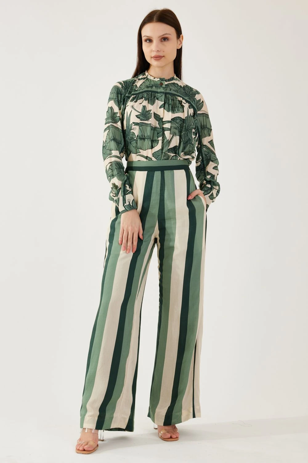 KoAi Cream & Olive Floral Frill Collar Shirt 3 KoAi Cream & Olive Floral Frill Collar Shirt