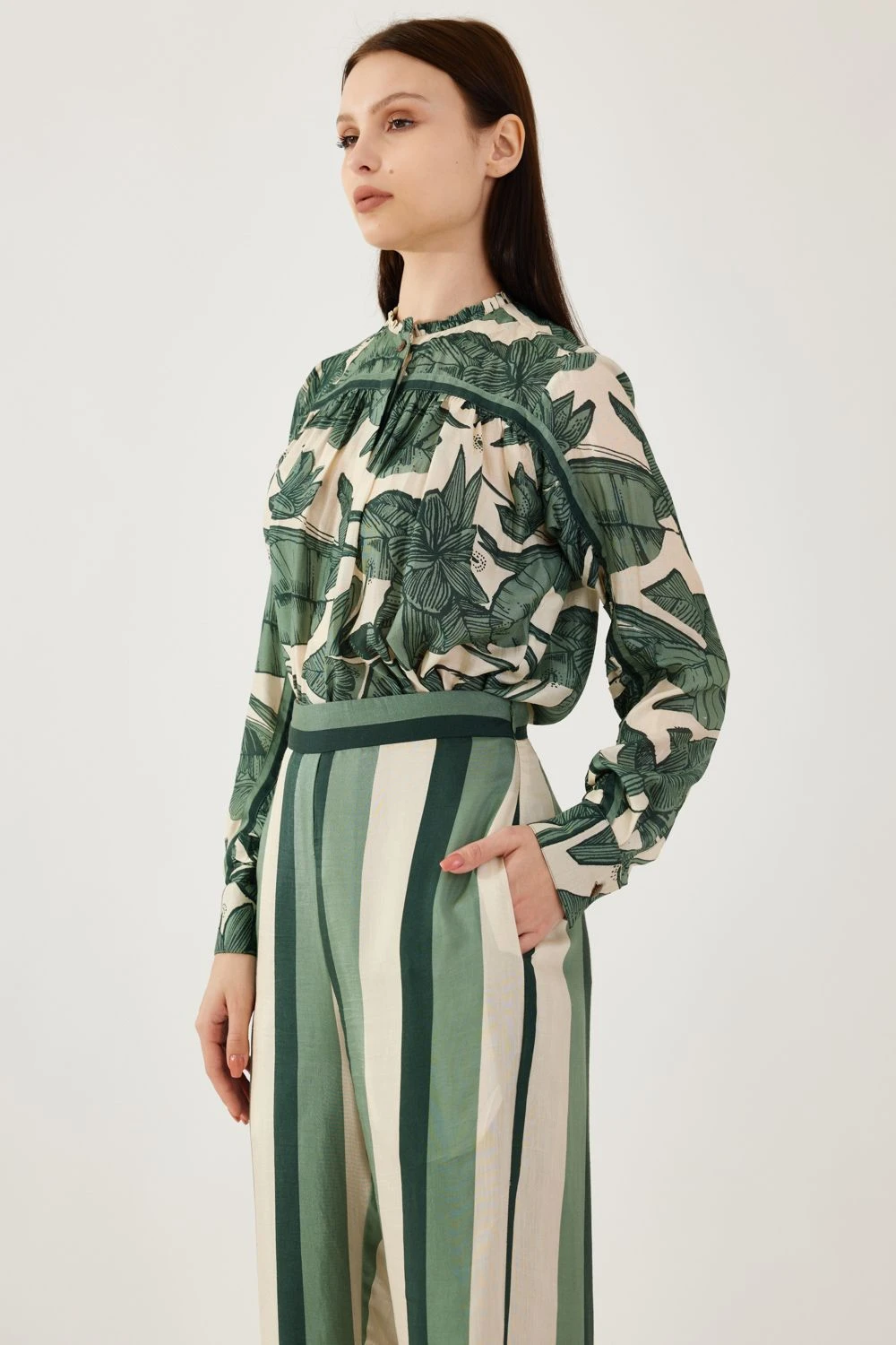 KoAi Cream & Olive Floral Frill Collar Shirt 4 KoAi Cream & Olive Floral Frill Collar Shirt - Image 2