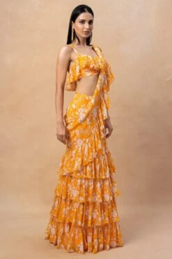 Arpita Mehta Orange Floral Printed Ruffle Sari Set -Inca Sales Store 18092023am02 3