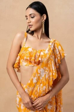 Arpita Mehta Orange Floral Printed Ruffle Sari Set -Inca Sales Store 18092023am02 4
