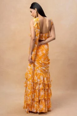 Arpita Mehta Orange Floral Printed Ruffle Sari Set -Inca Sales Store 18092023am02 5