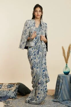 SVA Safar Blue Noor Embellished Jacket Sari Set