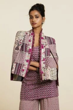 SVA Merlot Noor Embellished Patch-Work Jacket