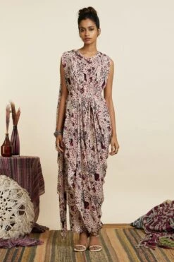 SVA Safar Printed Top With An Attached Drape & Pants