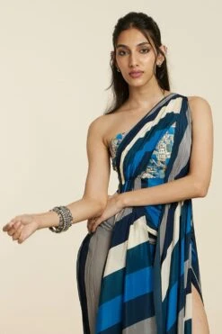 SVA Blue Stripe Print Embellished Draped Gown -Inca Sales Store 181123sva75 4