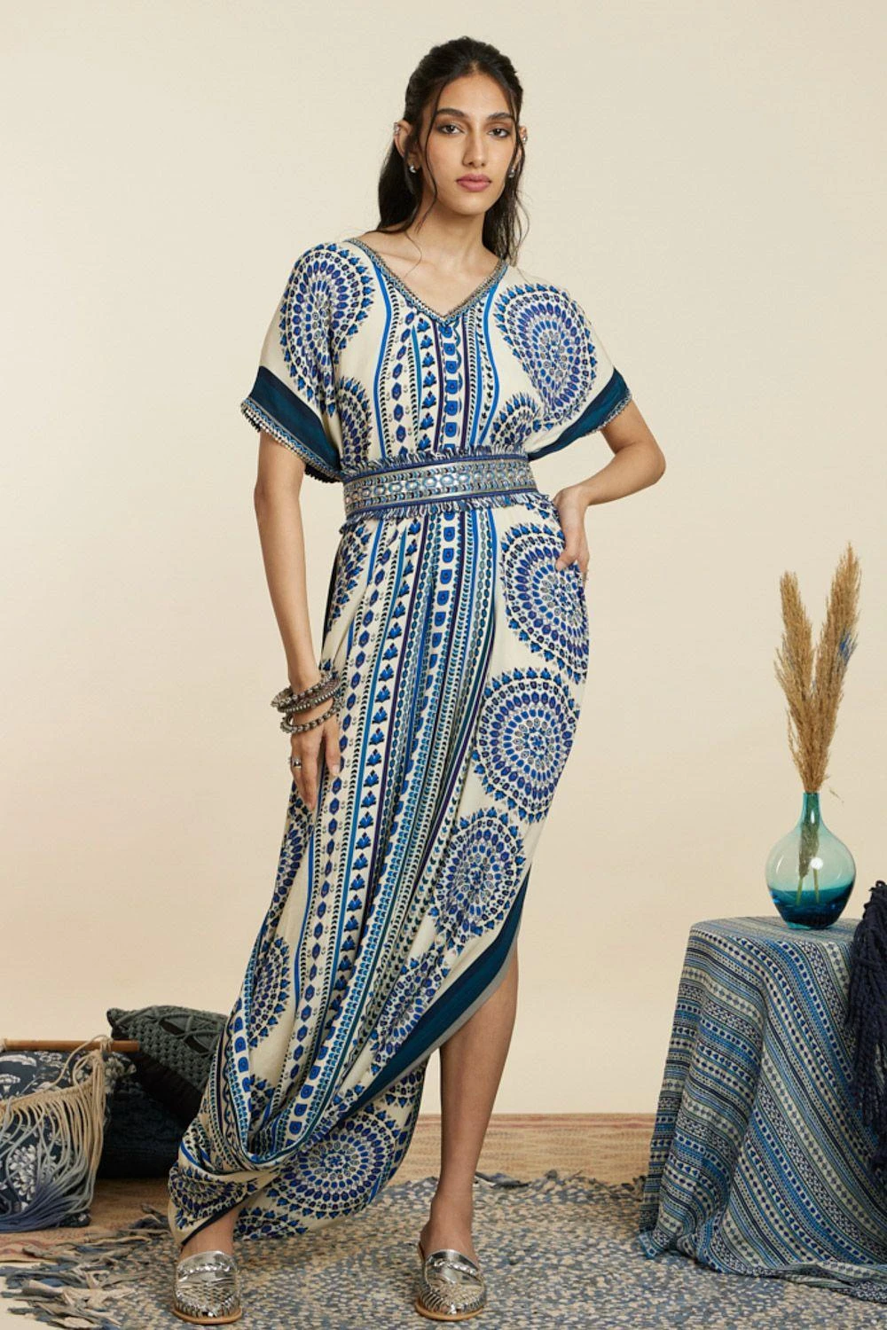 SVA Blue V-neck Draped Dress 3 SVA Blue V-neck Draped Dress