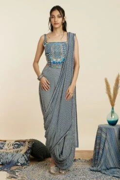 SVA Blue Embellished Geo Draped Sari Set