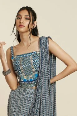 SVA Blue Embellished Geo Draped Sari Set -Inca Sales Store 181123sva80 4