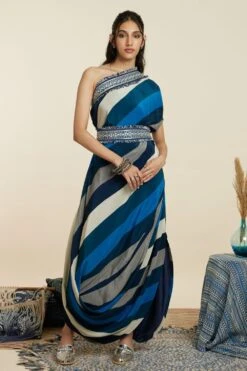 Best Seller 5 SVA Blue-Hued Stripe Print One-Shoulder Cowl Dress