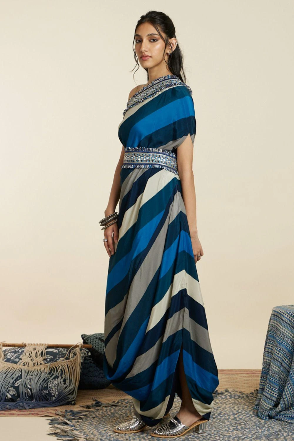 SVA Blue-Hued Stripe Print One-Shoulder Cowl Dress 5 SVA Blue-Hued Stripe Print One-Shoulder Cowl Dress - Image 3