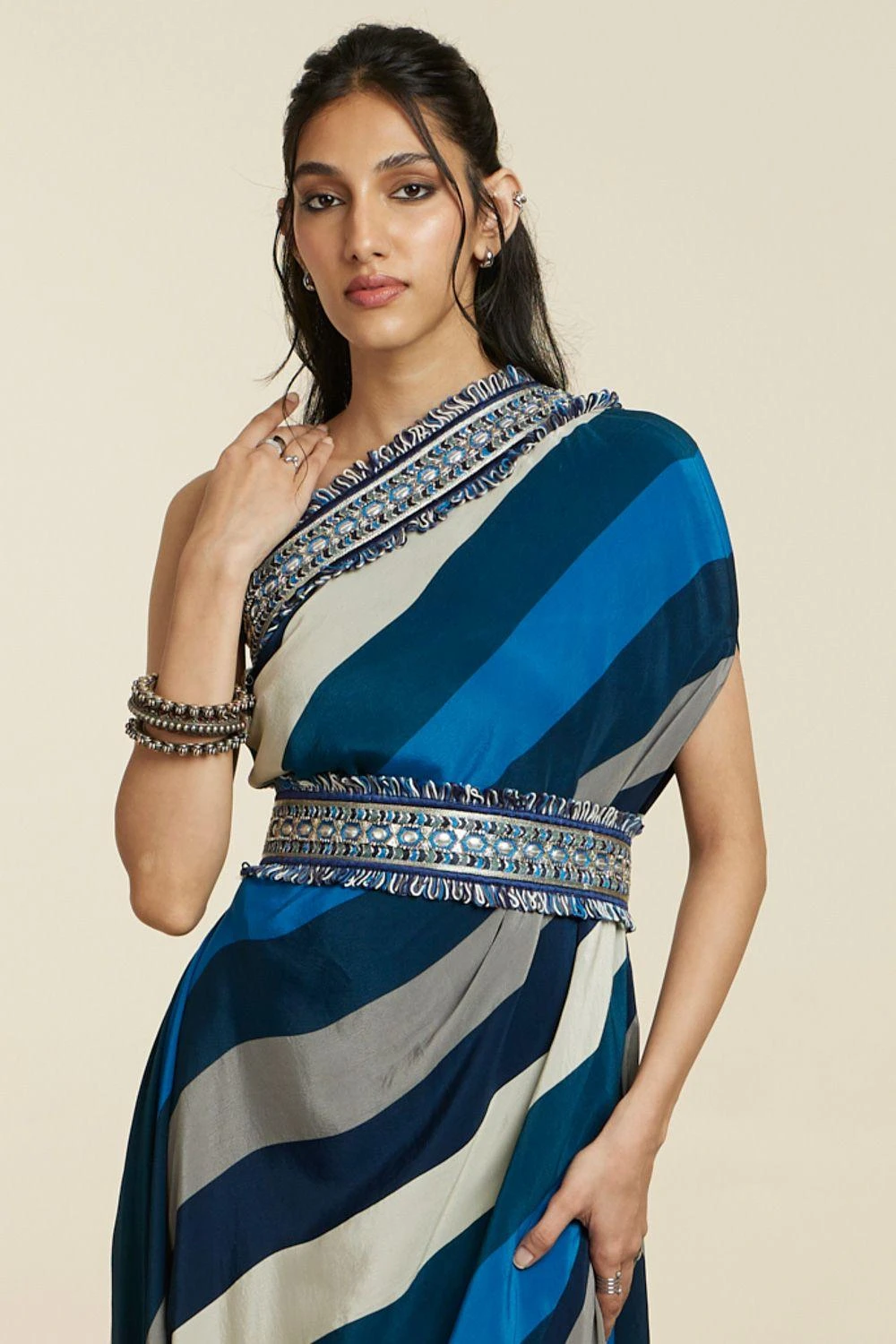 SVA Blue-Hued Stripe Print One-Shoulder Cowl Dress 6 SVA Blue-Hued Stripe Print One-Shoulder Cowl Dress - Image 4