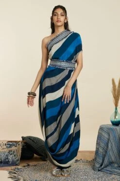 SVA Blue-Hued Stripe Print One-Shoulder Cowl Dress 13 SVA Blue-Hued Stripe Print One-Shoulder Cowl Dress -Inca Sales Store 181123sva90 5