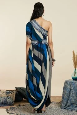 SVA Blue-Hued Stripe Print One-Shoulder Cowl Dress 15 SVA Blue-Hued Stripe Print One-Shoulder Cowl Dress -Inca Sales Store 181123sva90 7