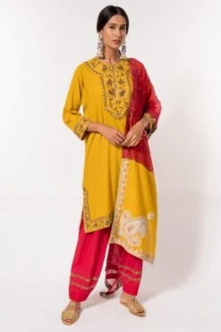 Divya Sheth Yellow & Red Embroidered Dupatta