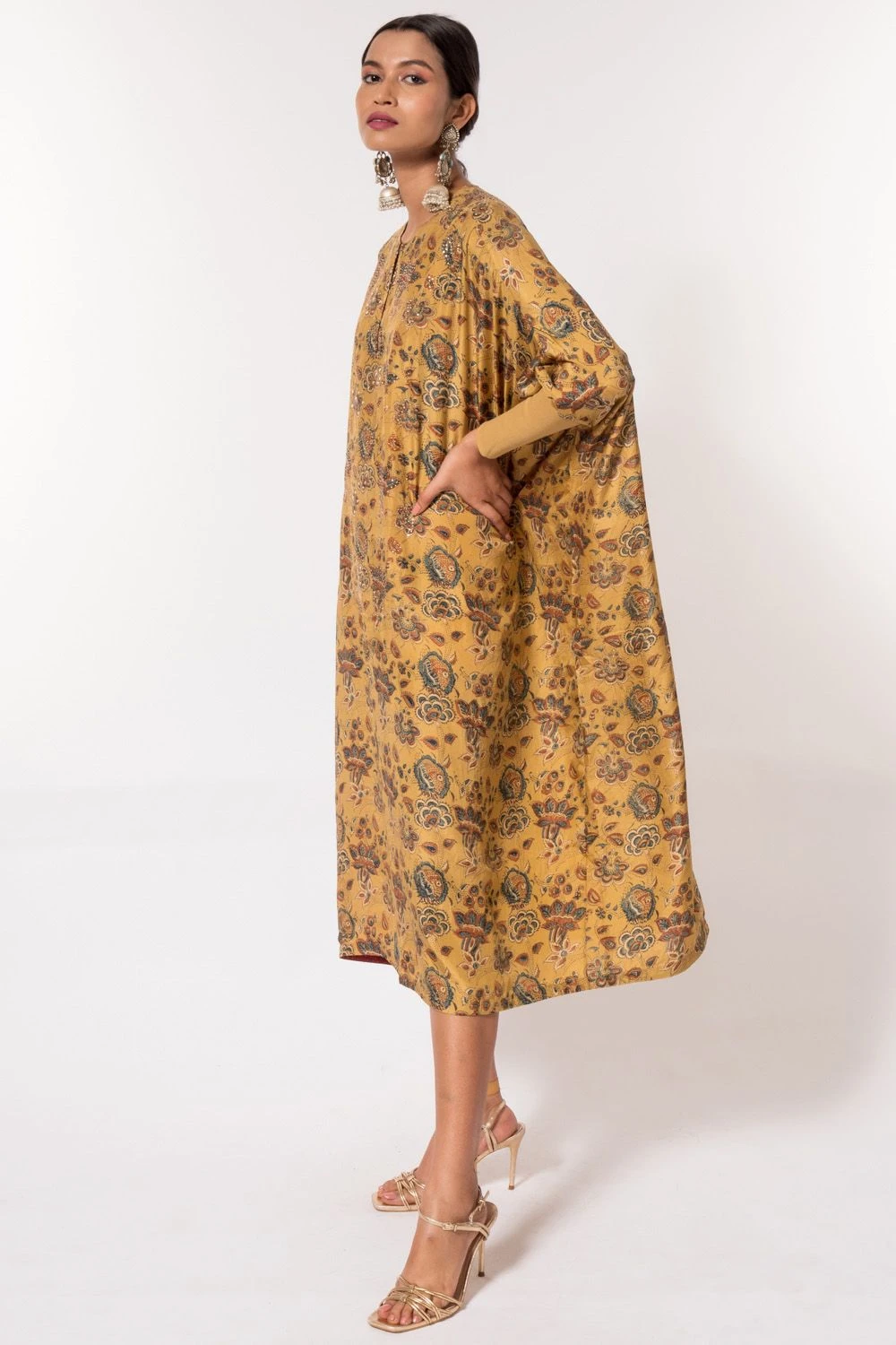 Divya Sheth Mustard Hand-block Printed Kaftan 5 Divya Sheth Mustard Hand-block Printed Kaftan - Image 3