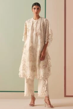 Chandrima Ivory Tonal Embroidered And Beadwork Kaftan
