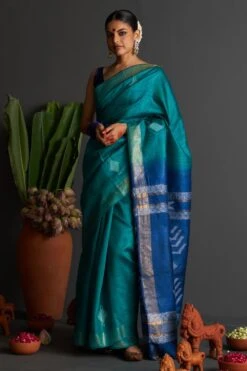 Five Point Five Teal Geometric Patterned Sari