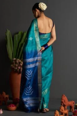 Five Point Five Teal Geometric Patterned Sari 9 Five Point Five Teal Geometric Patterned Sari -Inca Sales Store 191023fpf8 4