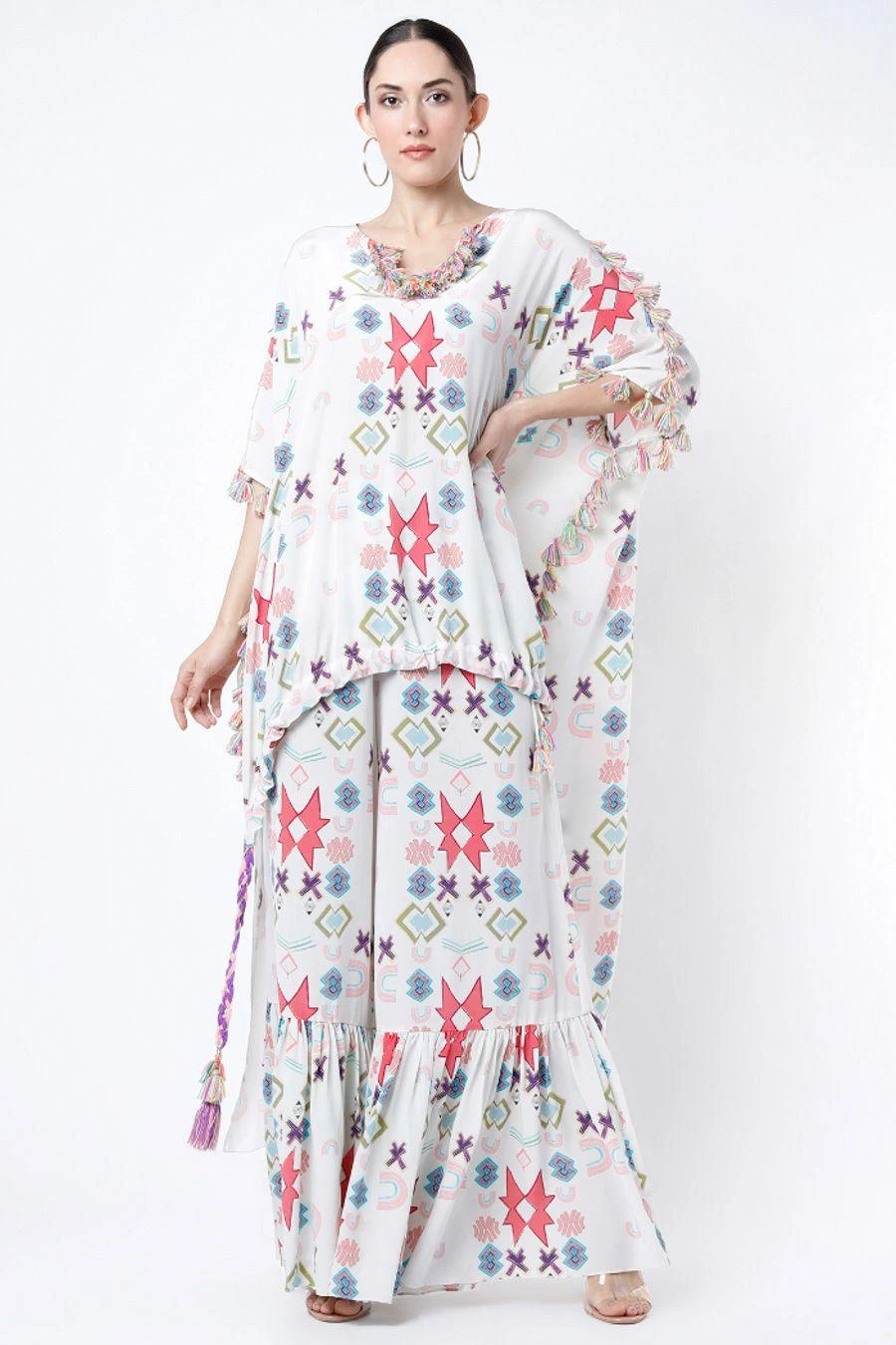 Payal Singhal White Ikat Printed Kaftan Set 3 Payal Singhal White Ikat Printed Kaftan Set