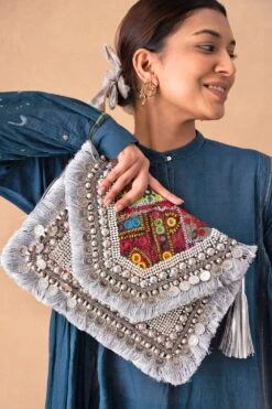 Vipul Shah Radiant Silver Nomadic Banjara Clutch -Inca Sales Store 19124vs6 1