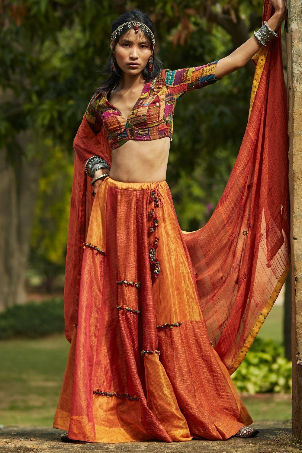 Medha Orange Patchwork Embroidered Lehenga Set 3 Medha Orange Patchwork Embroidered Lehenga Set