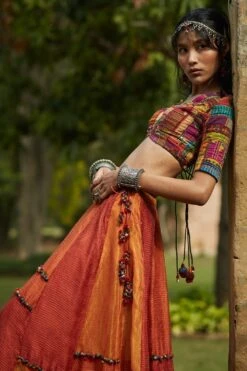 Medha Orange Patchwork Embroidered Lehenga Set 9 Medha Orange Patchwork Embroidered Lehenga Set -Inca Sales Store 1912ma06 2