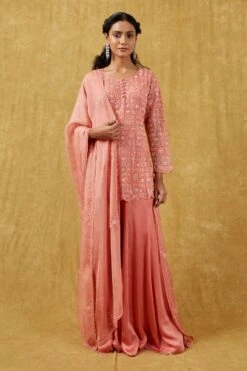 Ahilian Coral Pink Crystal Embellished Sharara Set