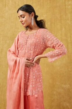 Ahilian Coral Pink Crystal Embellished Sharara Set -Inca Sales Store 191al1 4