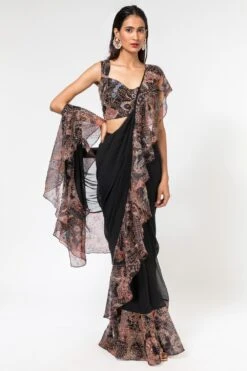 Aisha Rao Black Ruffle Sari With Embroidered Blouse