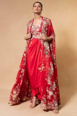 Anamika Khanna Red Floral Embellished Cape Set