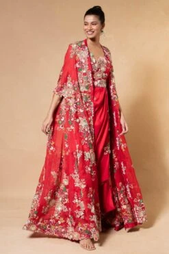 Anamika Khanna Red Floral Embellished Cape Set -Inca Sales Store 19423ak6 3